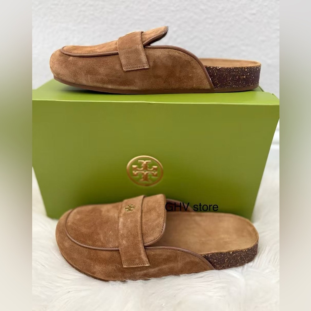 Tory Burch Everly Cork Suede Leather Mule Shoes - Picture 3 of 6
